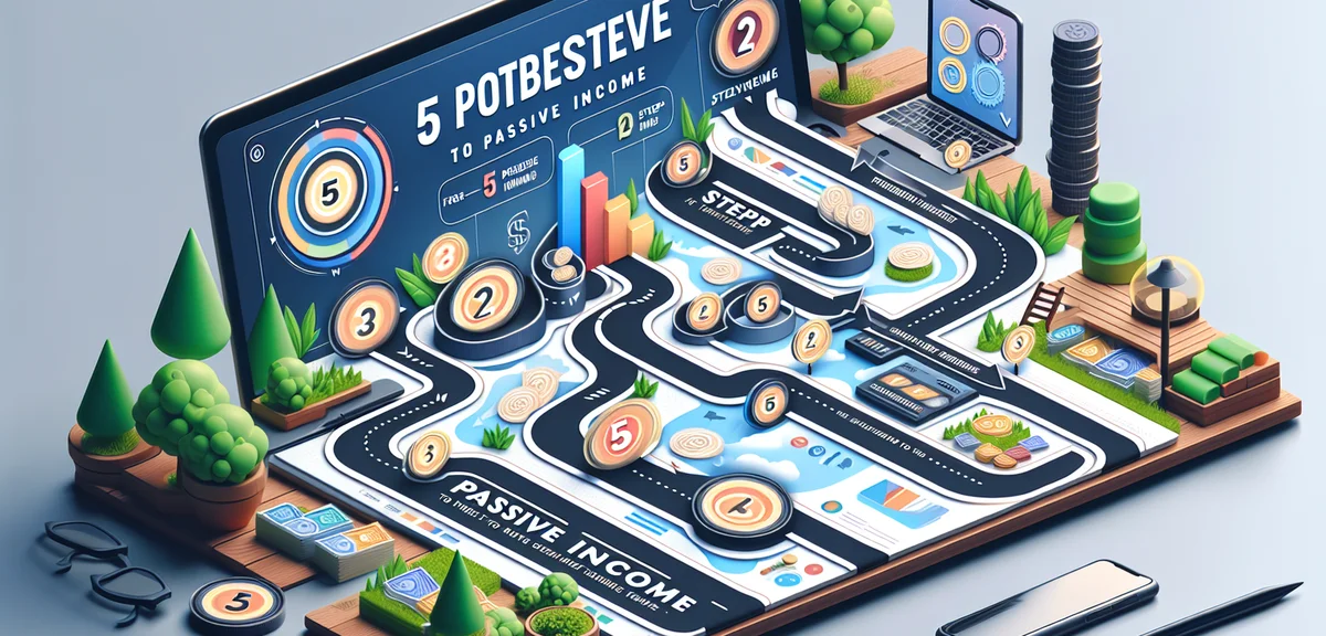 5 step roadmap to passive income, numbered milestones with progress indicators, achievement path vis