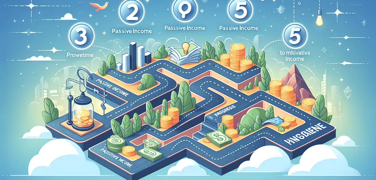 5 step roadmap to passive income, numbered milestones with progress indicators, achievement path vis