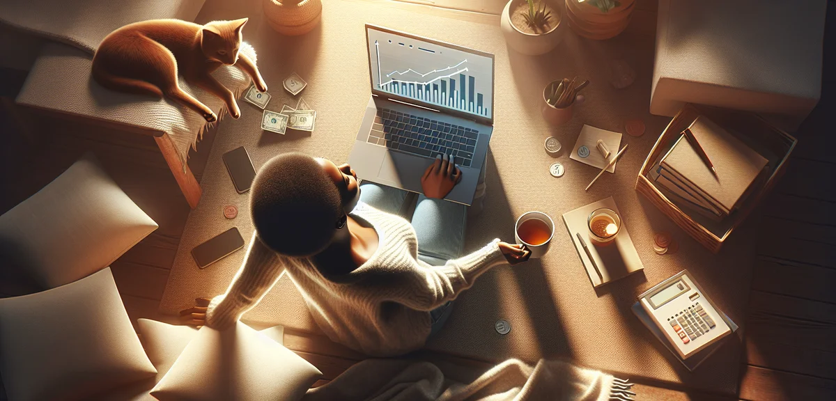 Person relaxing while automated systems generate income, laptop showing earnings dashboard, financia