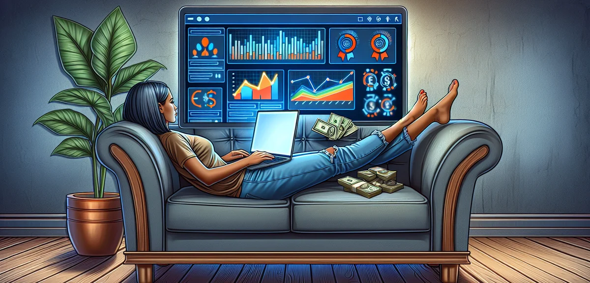 Person relaxing while automated systems generate income, laptop showing earnings dashboard, financia