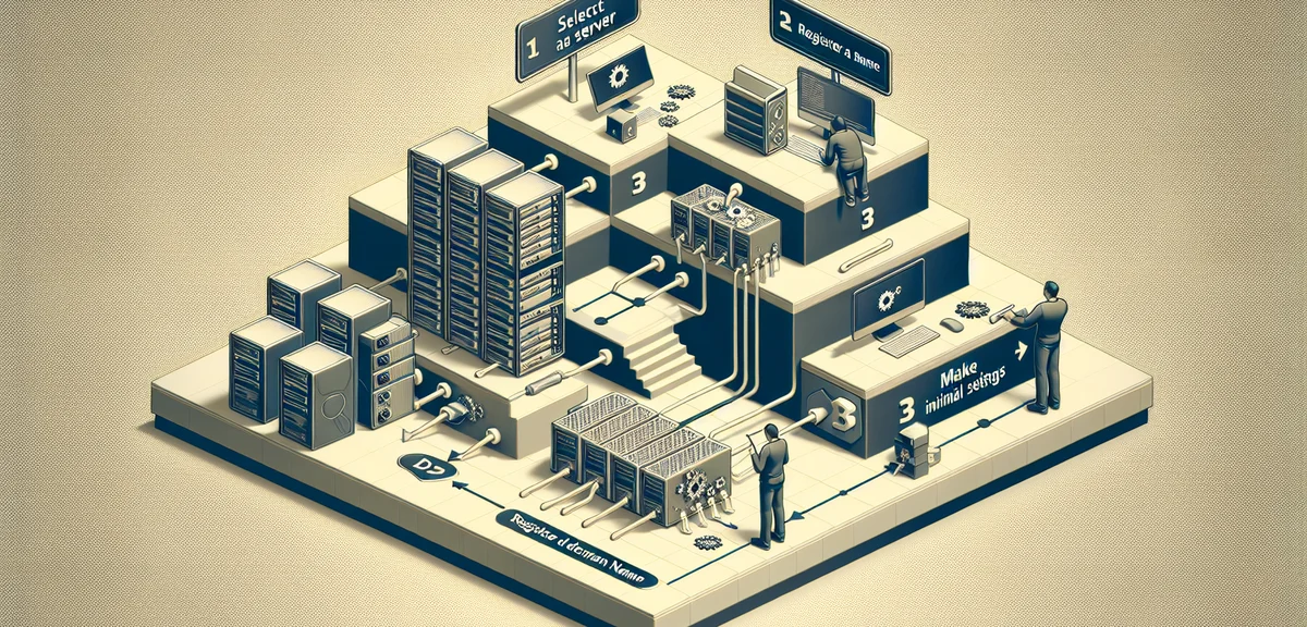 An illustration showing the step-by-step process of blog setup - server selection, domain registrati