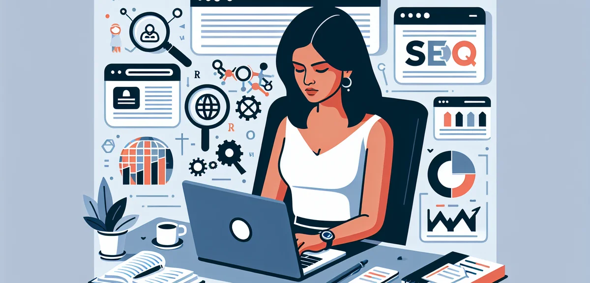 An illustration of a person writing a blog article on a laptop with SEO-related icons floating aroun