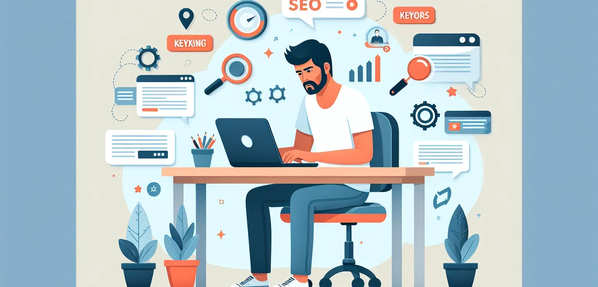 An illustration of a person writing a blog article on a laptop with SEO-related icons floating aroun