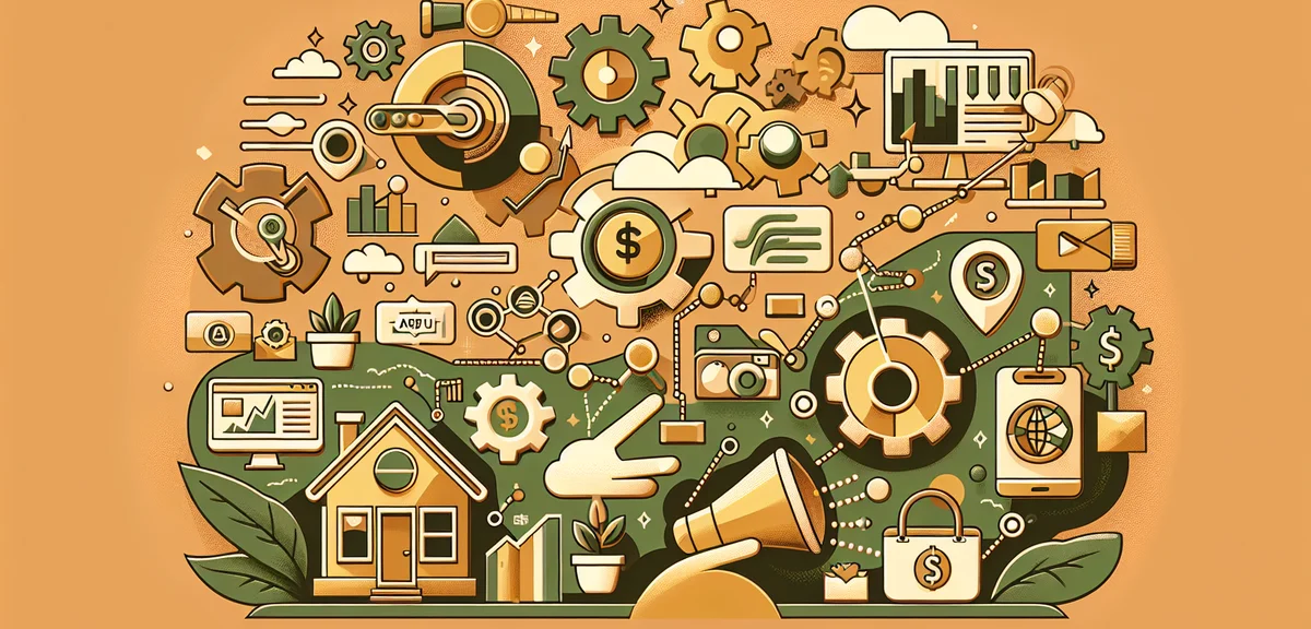 An illustration showing blog monetization methods - ads, affiliate links, and AI automation tools wo