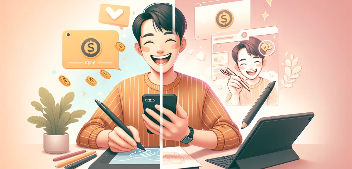 A person happily receiving payment notifications on smartphone while drawing illustrations on tablet