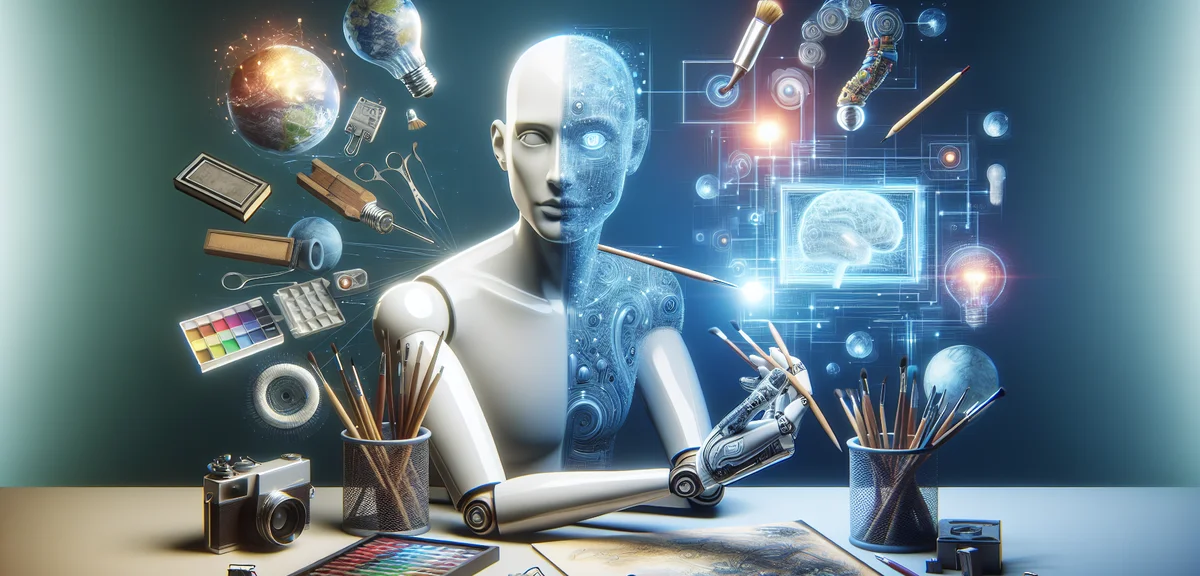 AI image generation concept with a human artist collaborating with artificial intelligence, digital 