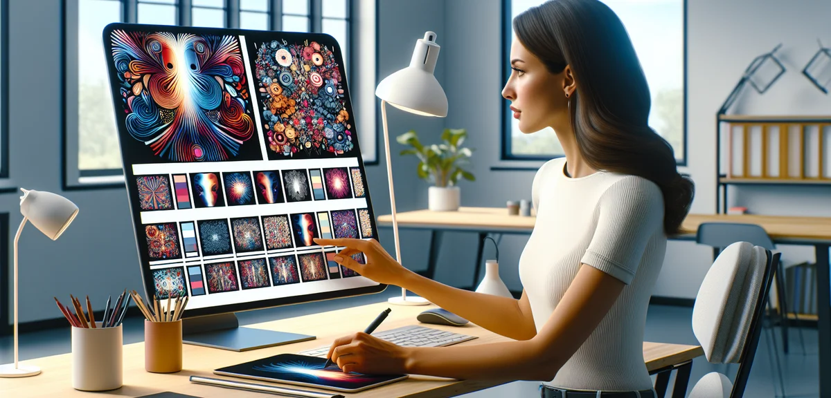 A person comparing multiple AI-generated artwork variations on a tablet screen, colorful digital ill