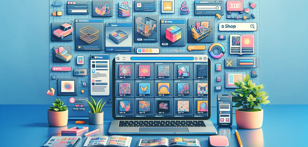 An online marketplace screen showing digital art products for sale, various illustration thumbnails 
