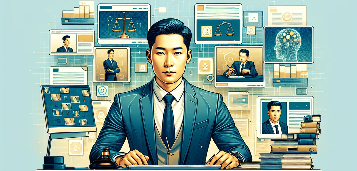 A person reviewing copyright documents while looking at AI-generated images on screen, legal balance