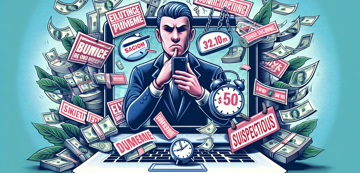 A flashy online sales page with exaggerated promises and countdown timers, suspicious atmosphere, il