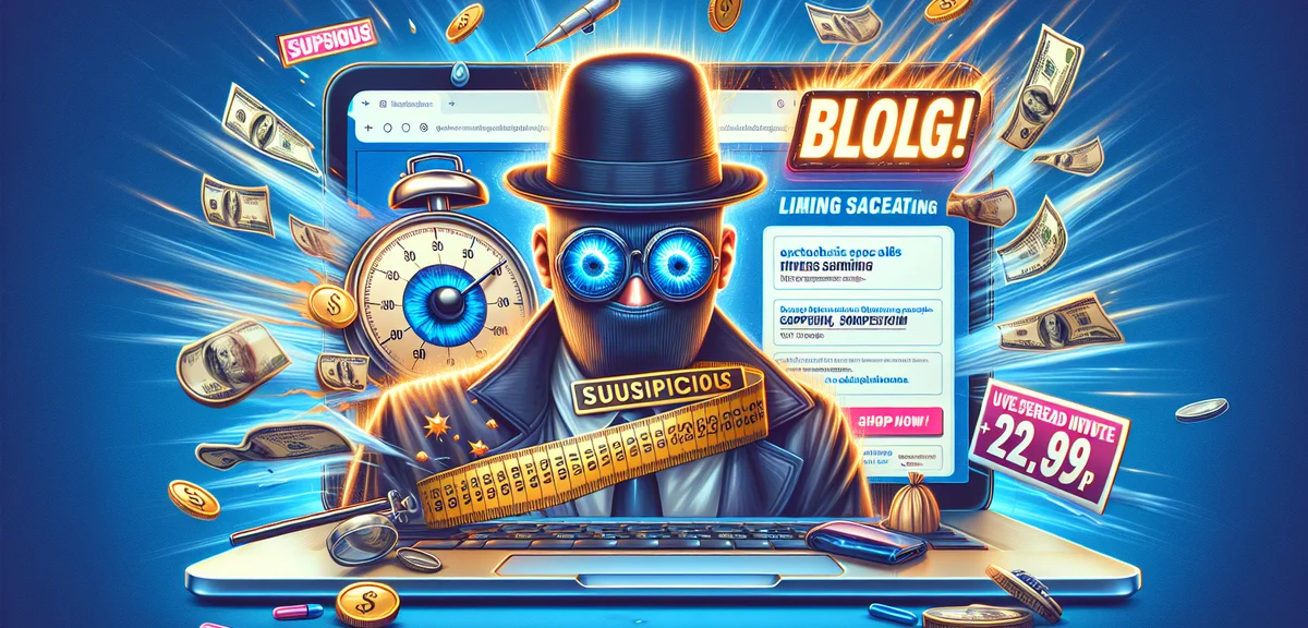 A flashy online sales page with exaggerated promises and countdown timers, suspicious atmosphere, il