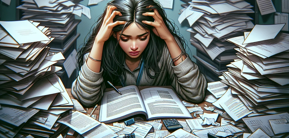 A person holding their head in frustration after opening a thin booklet, scattered papers on desk, d