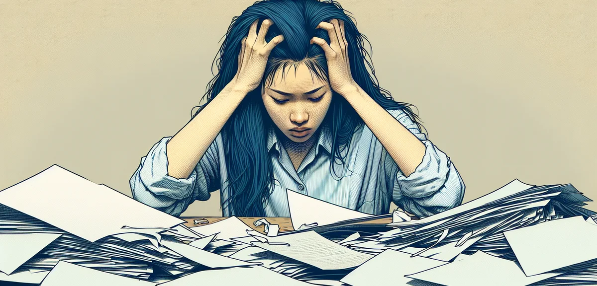 A person holding their head in frustration after opening a thin booklet, scattered papers on desk, d