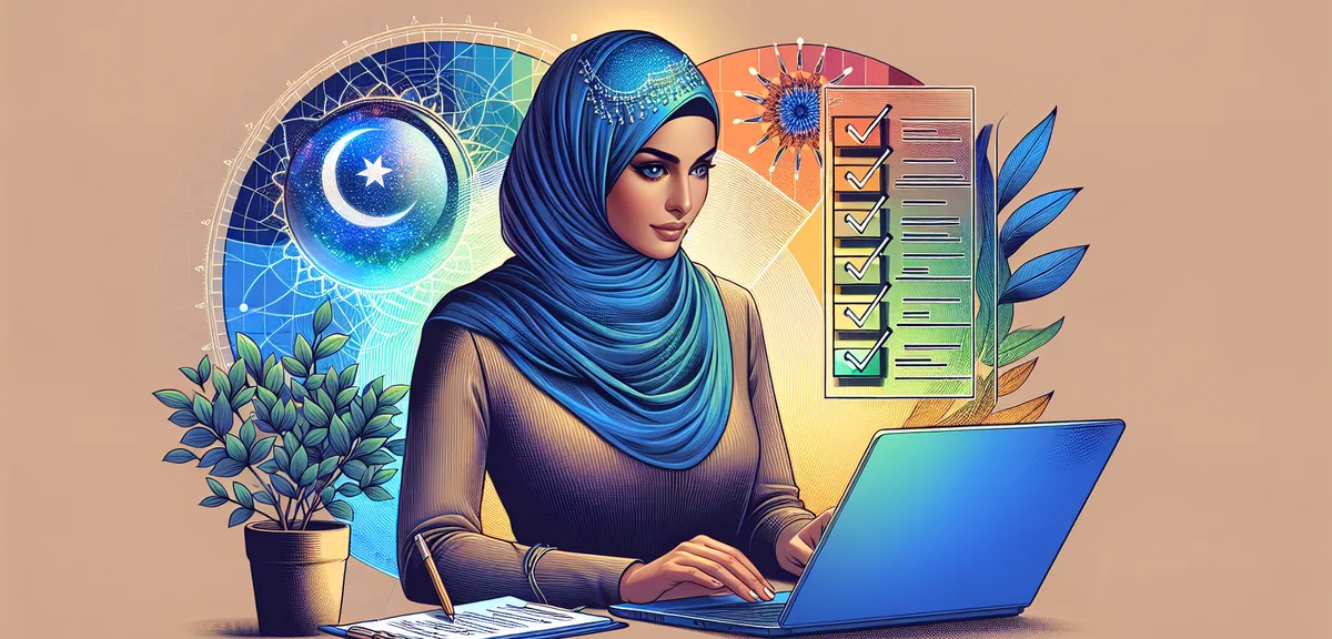 A person confidently researching on a laptop with a checklist, bright hopeful atmosphere, rebuilding