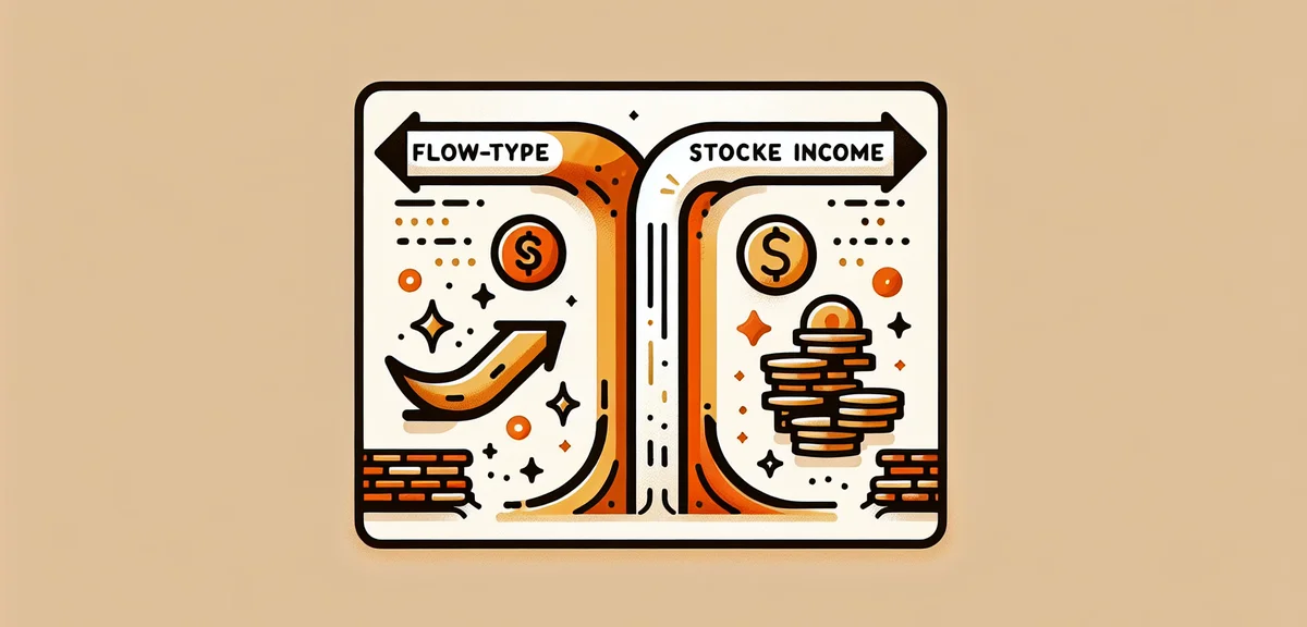 An illustration comparing flow-type income and stock-type income with two contrasting arrows, one sh