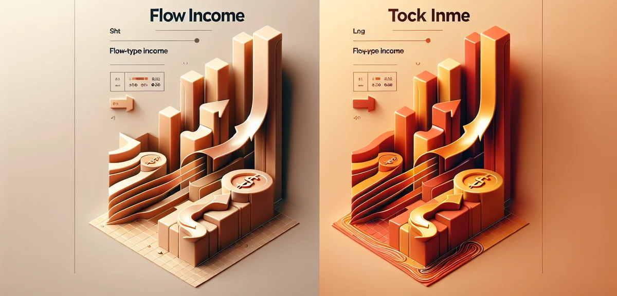 An illustration comparing flow-type income and stock-type income with two contrasting arrows, one sh
