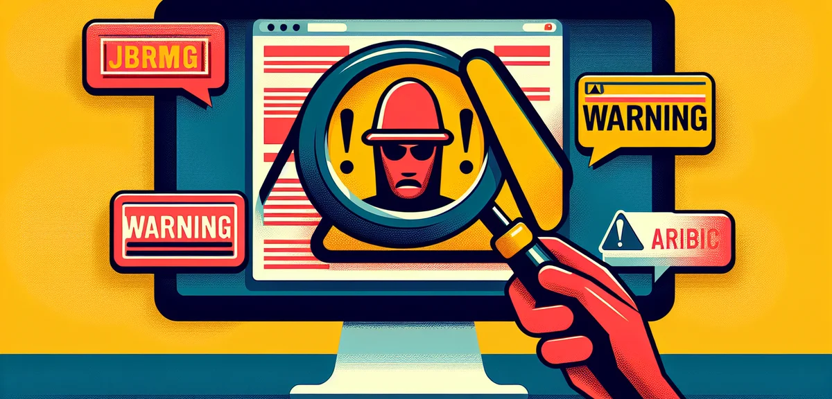 A warning sign illustration with a magnifying glass examining suspicious online job offers, flat des