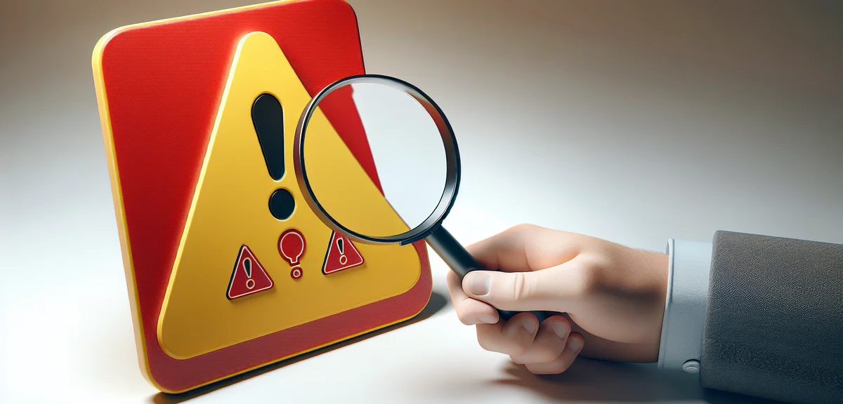A warning sign illustration with a magnifying glass examining suspicious online job offers, flat des