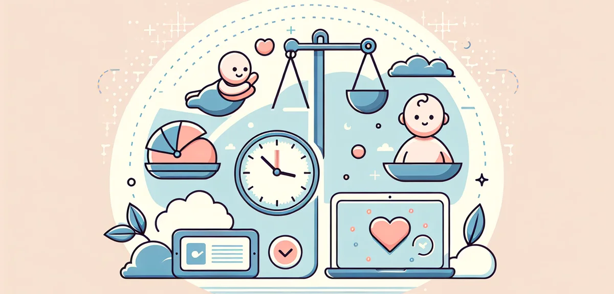 An infographic-style illustration showing balance between childcare and work, with icons of a baby, 