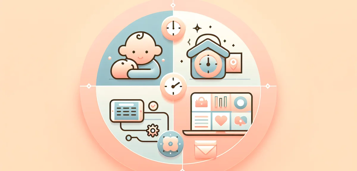 An infographic-style illustration showing balance between childcare and work, with icons of a baby,