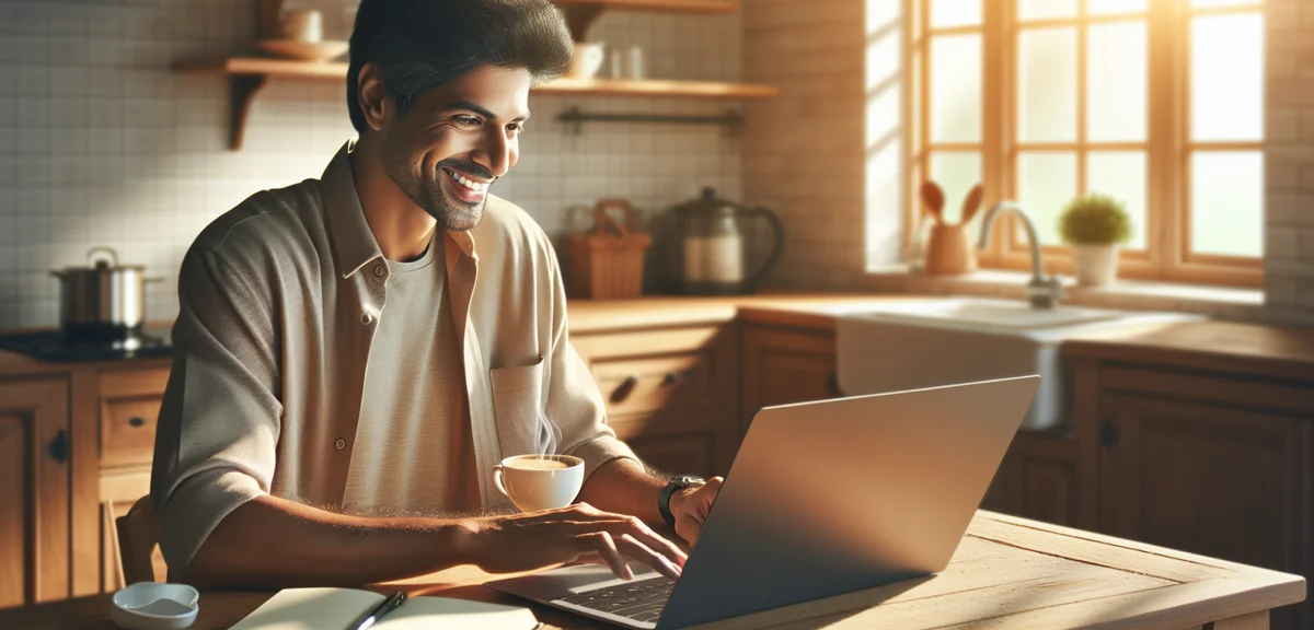 A cheerful illustration of a person typing on a laptop at a kitchen table with a cup of coffee, sunl