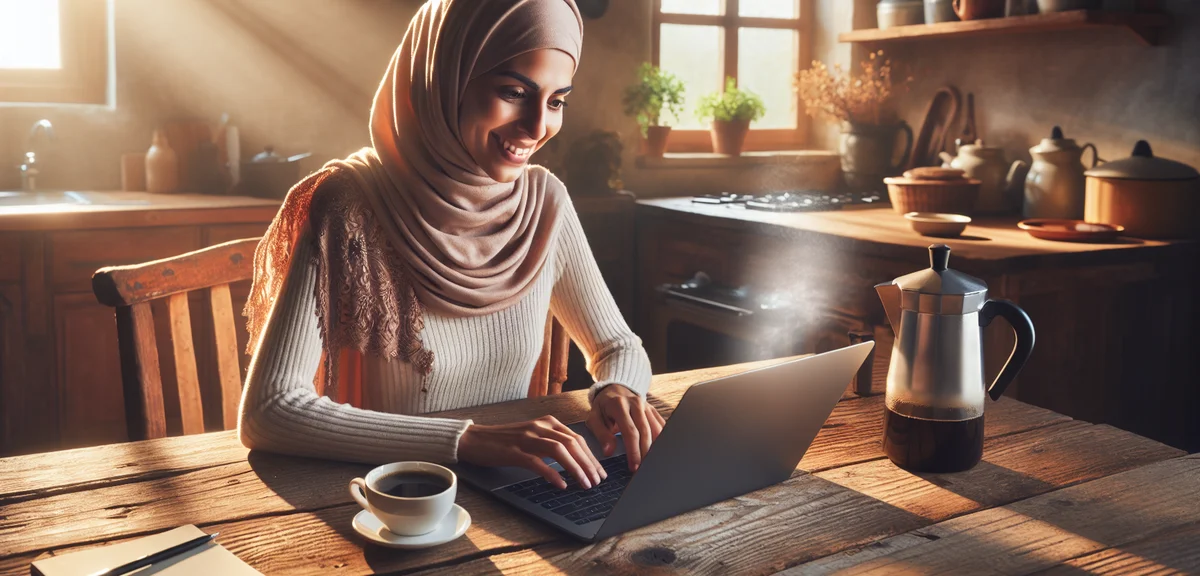 A cheerful illustration of a person typing on a laptop at a kitchen table with a cup of coffee, sunl