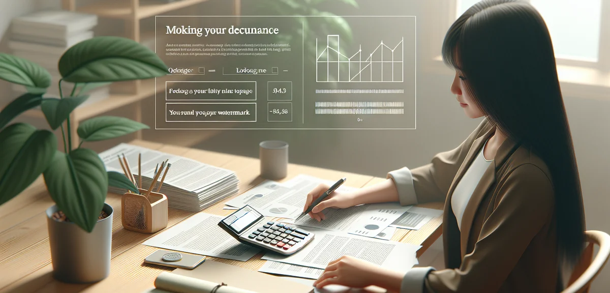 An illustration of a person reviewing financial documents and a calculator on a desk, with a small p