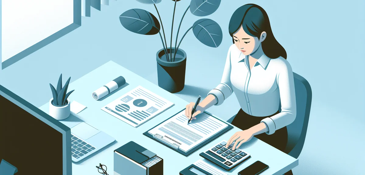 An illustration of a person reviewing financial documents and a calculator on a desk, with a small p