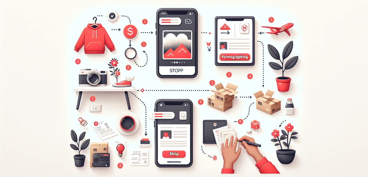 An illustration showing the Mercari selling process - photographing items, listing on app, shipping 