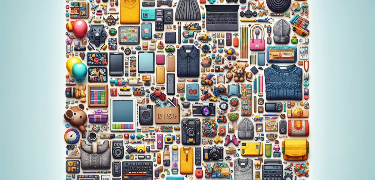 An illustration of various sellable items on Mercari - clothes, electronics, books, handmade crafts,