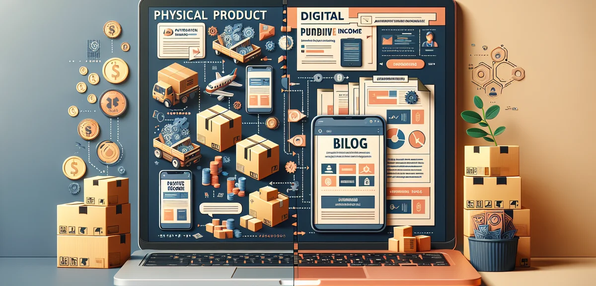 A comparison illustration of physical product selling (boxes and shipping) vs digital passive income