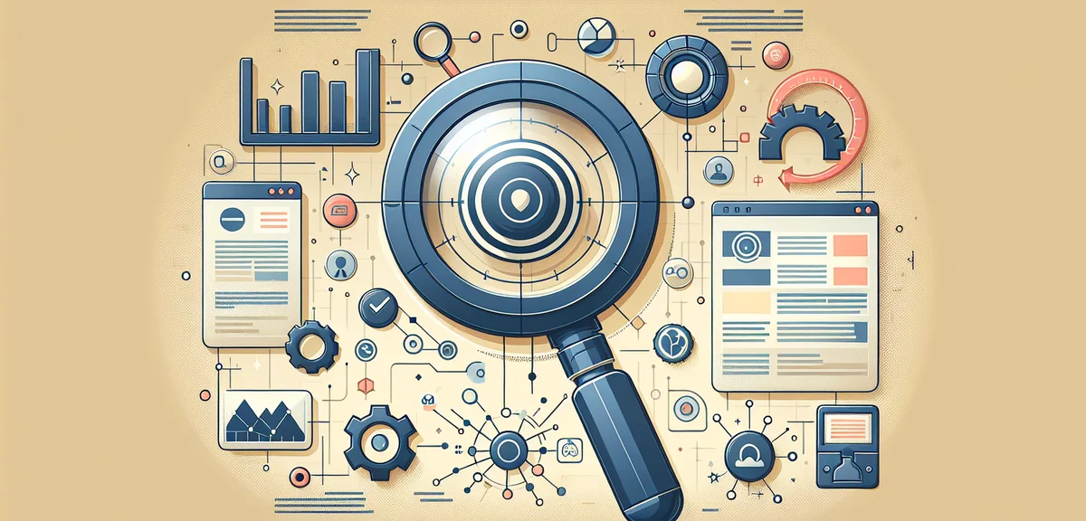 A focused magnifying glass on a single topic niche blog with expertise symbols, clean flat illustrat