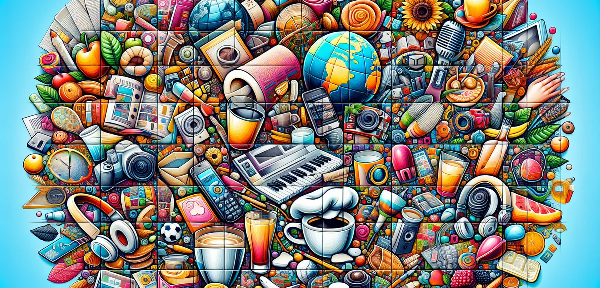 A colorful collage of various blog topics arranged in a mosaic pattern, representing a general blog,