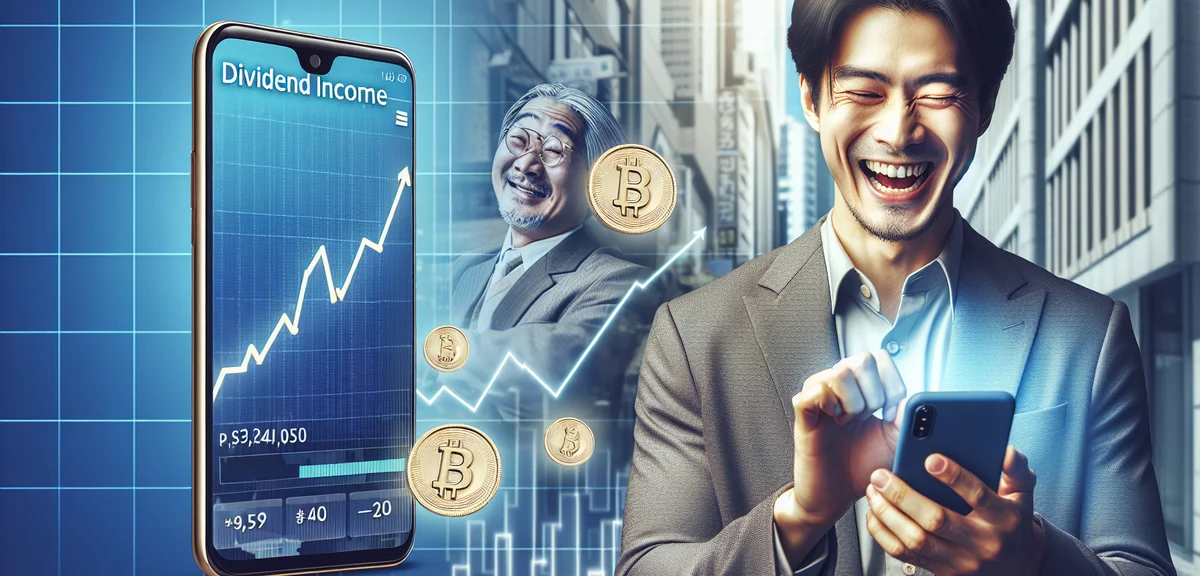 A person happily checking dividend income on a smartphone, with upward graph and coin icons, modern 