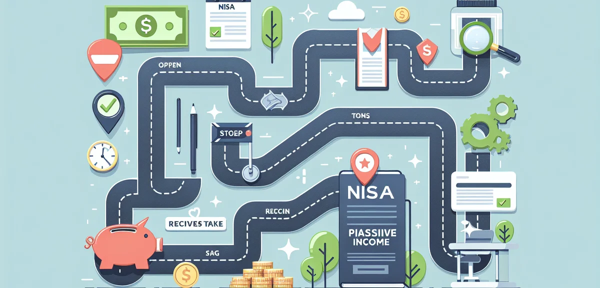 A step-by-step roadmap illustration showing the journey from opening NISA account to receiving passi