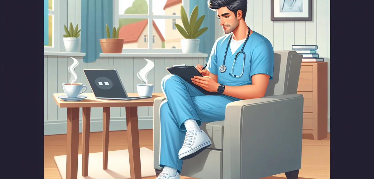 A nurse writing medical articles on a laptop at a cozy home office, cup of coffee nearby, bright and