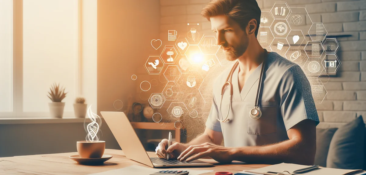 A nurse writing medical articles on a laptop at a cozy home office, cup of coffee nearby, bright and