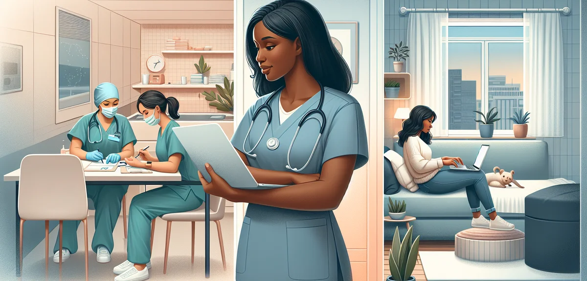 Split screen illustration showing a nurse in hospital on one side and working on laptop at home on t