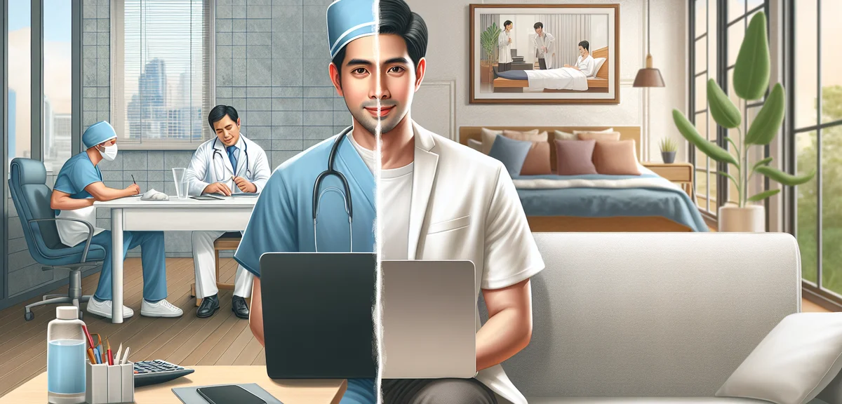Split screen illustration showing a nurse in hospital on one side and working on laptop at home on t