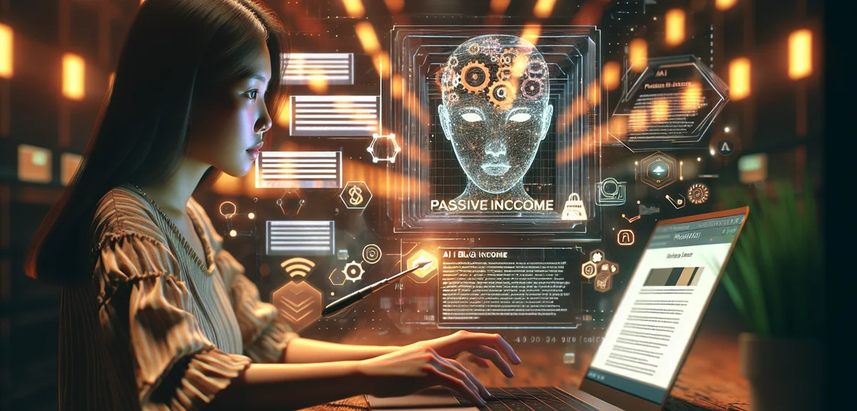 A person using AI tools on a laptop with blog content on screen, futuristic but warm illustration, p