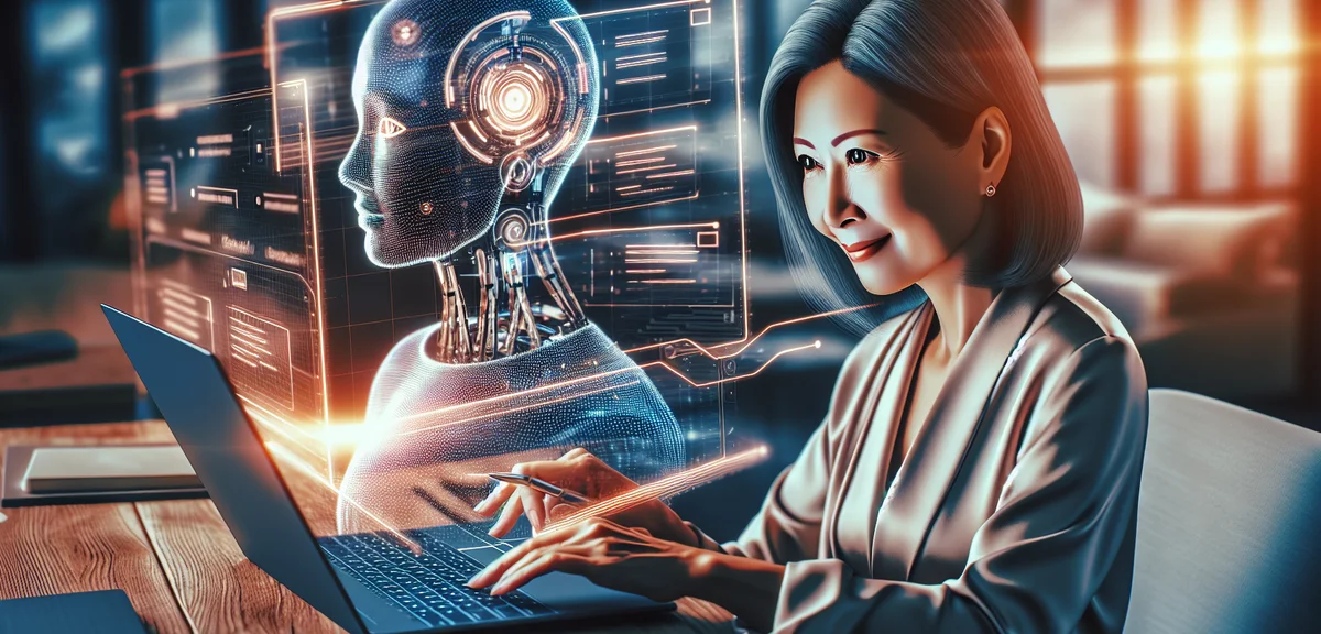 A person using AI tools on a laptop with blog content on screen, futuristic but warm illustration, p