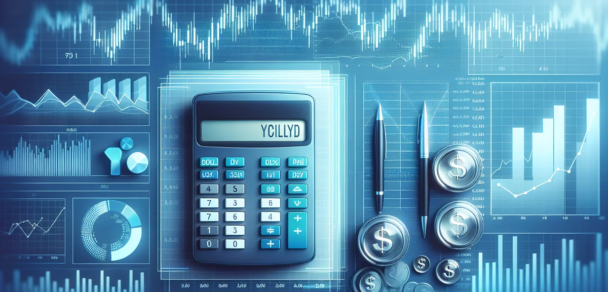 A calculator and financial charts showing dividend yield calculations, stock market graphs in the ba