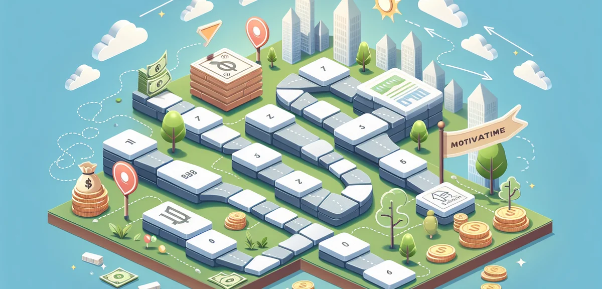 A roadmap illustration showing stepping stones from small passive income to larger goals, milestone 