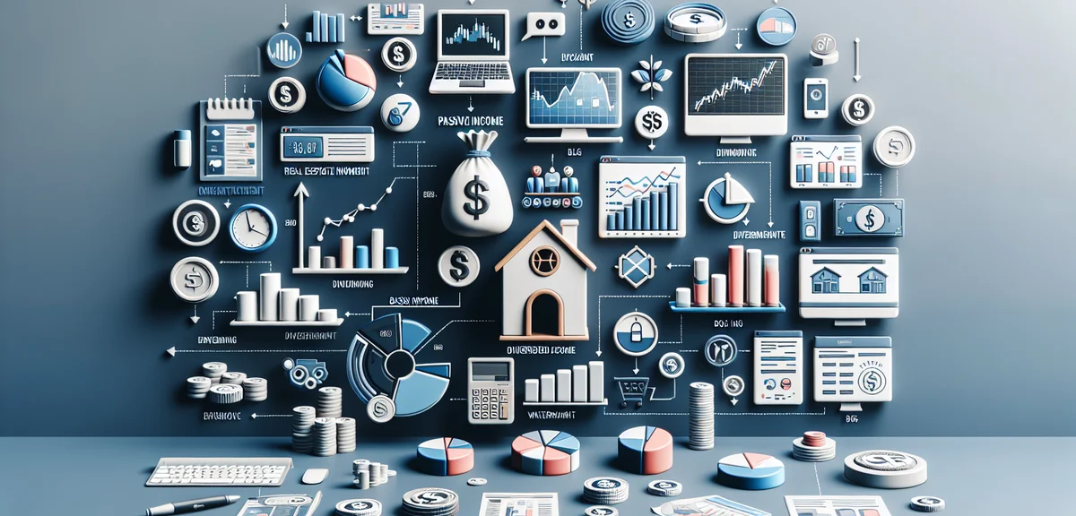 Various passive income sources, investment dividends real estate blog icons, diversified income conc