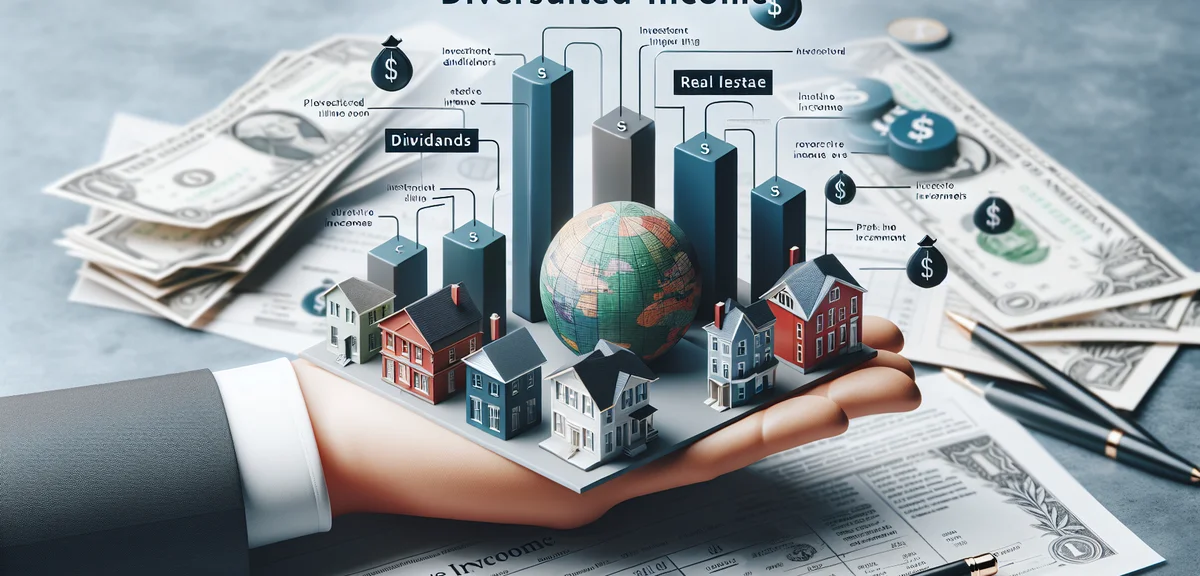 Various passive income sources, investment dividends real estate blog icons, diversified income conc