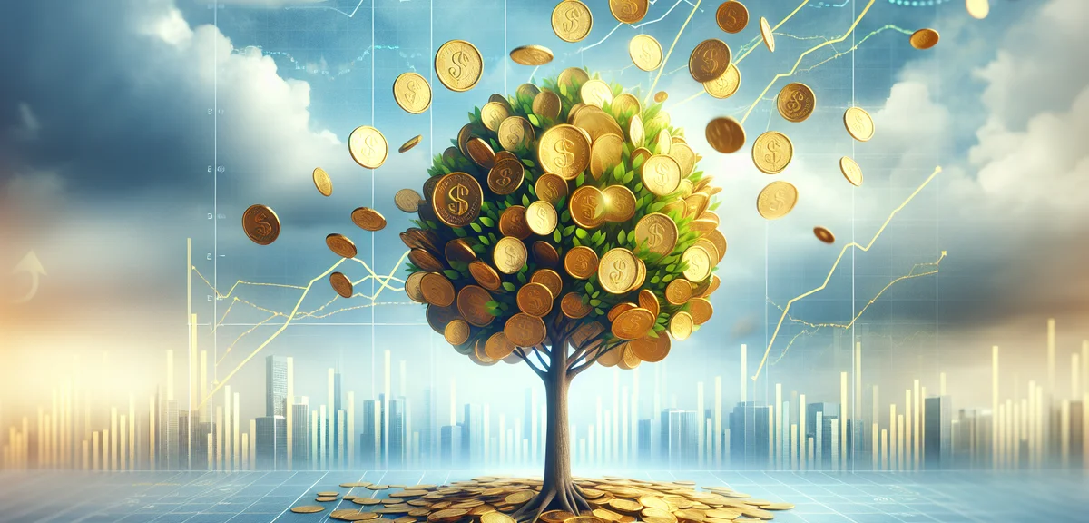 Investment growth chart, compound interest effect, money tree growing, encouraging financial illustr