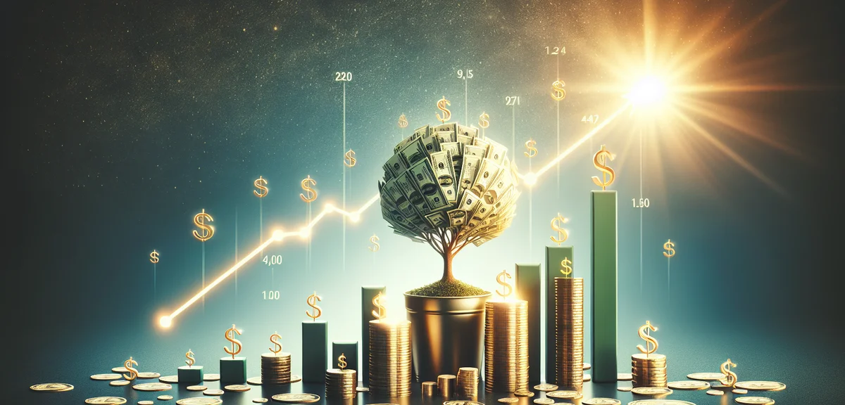 Investment growth chart, compound interest effect, money tree growing, encouraging financial illustr