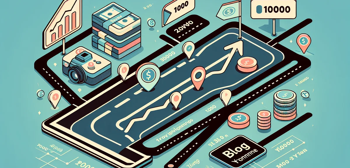A timeline roadmap illustration showing 3 months of blog growth from zero to 10000 yen, with milesto