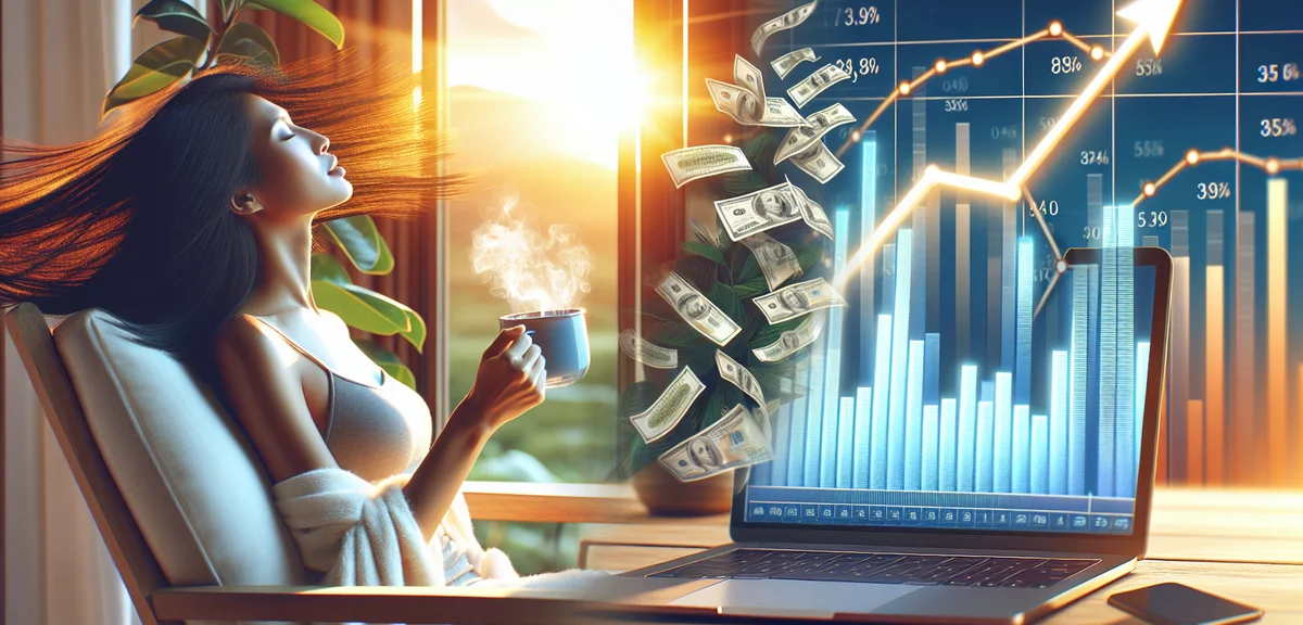 A split screen illustration showing a person relaxing while their blog earns money automatically on