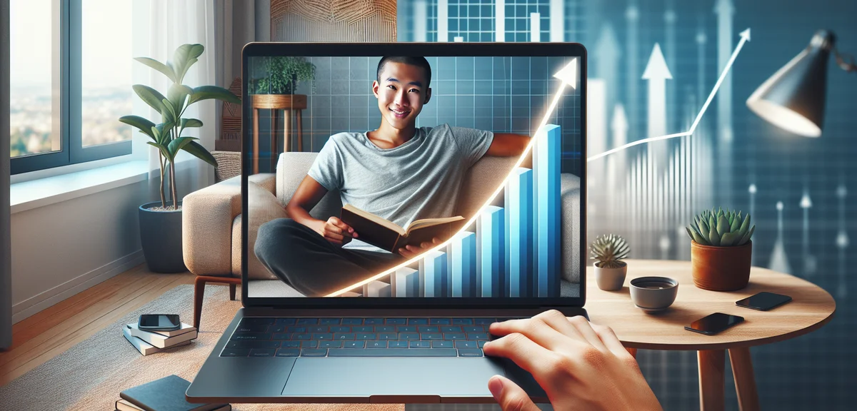 A split screen illustration showing a person relaxing while their blog earns money automatically on 